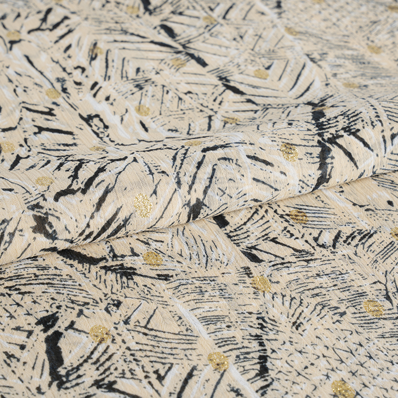 Tessuto con stampa filata oro disordinato irregolare in crêpe di chiffon 75D